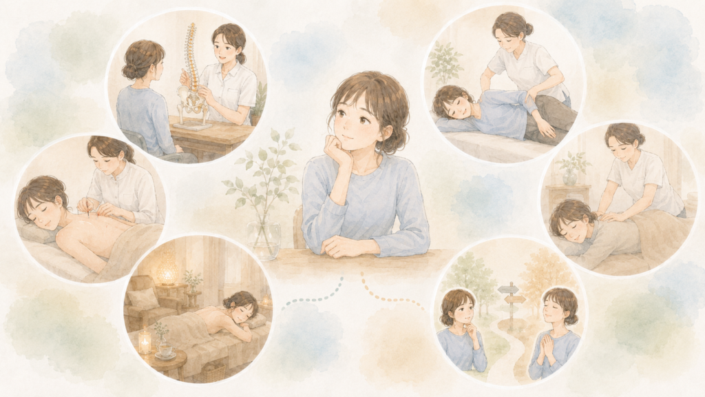 リラクゼーションサロン:整体・整骨院・鍼灸院との違い(イメージイラスト)