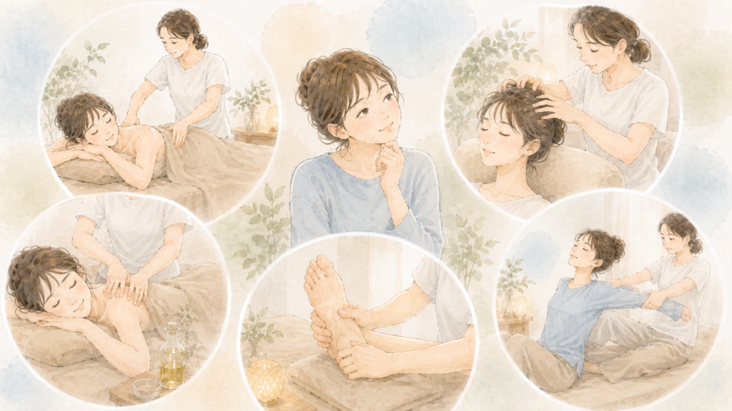 リラクゼーションサロン:リラクゼーションサロンの主なメニュー(イメージイラスト)