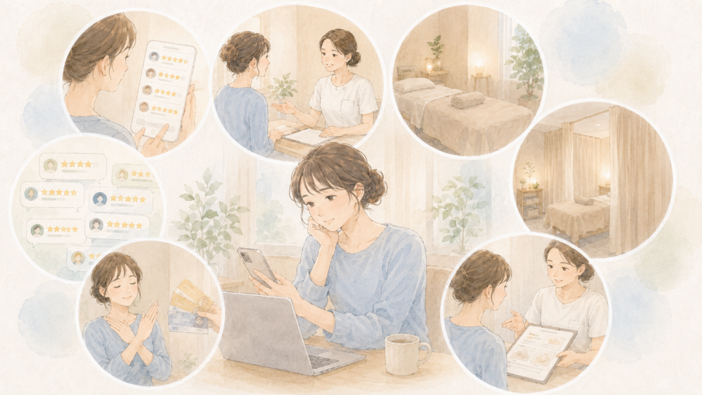 リラクゼーションサロン:失敗しないお店の選び方(イメージイラスト)