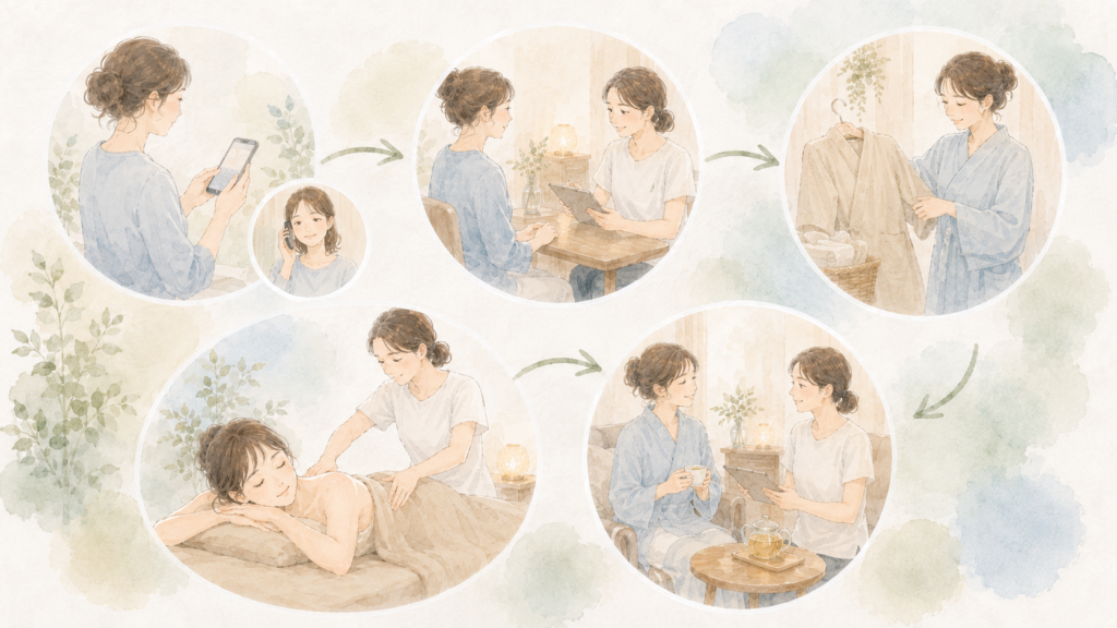 リラクゼーションサロン:初めて利用するときの流れ(イメージイラスト)