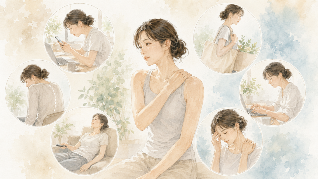 肩甲骨はがし:肩甲骨が硬くなる5つの原因(イメージイラスト)