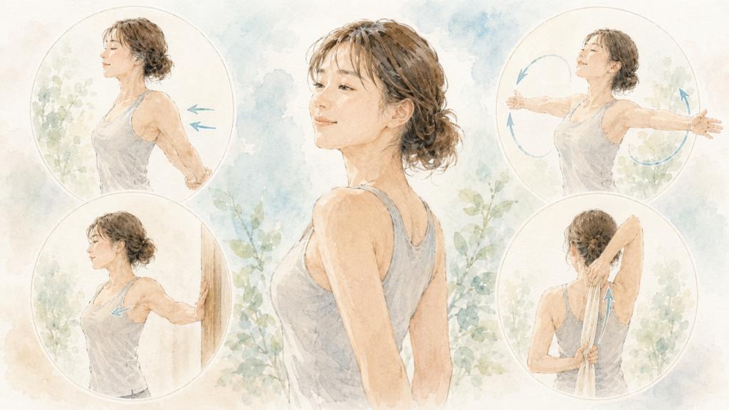 肩甲骨はがし:自分でできる肩甲骨ストレッチ4選(イメージイラスト)