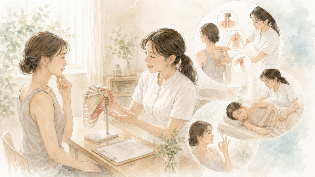 肩甲骨はがし:プロに肩甲骨はがしを頼む時のポイント(イメージイラスト)