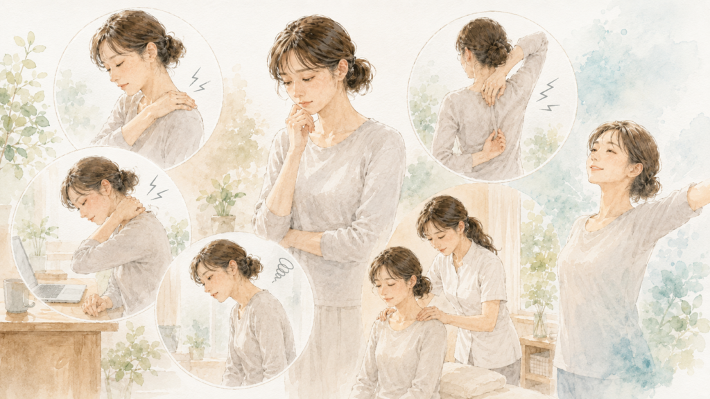 肩甲骨はがし:こんな方は早めのケアをおすすめします(イメージイラスト)