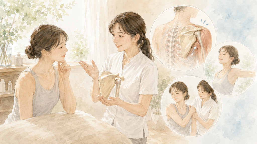 肩甲骨はがし:肩甲骨はがしで「音が鳴る」のは大丈夫?(イメージイラスト)