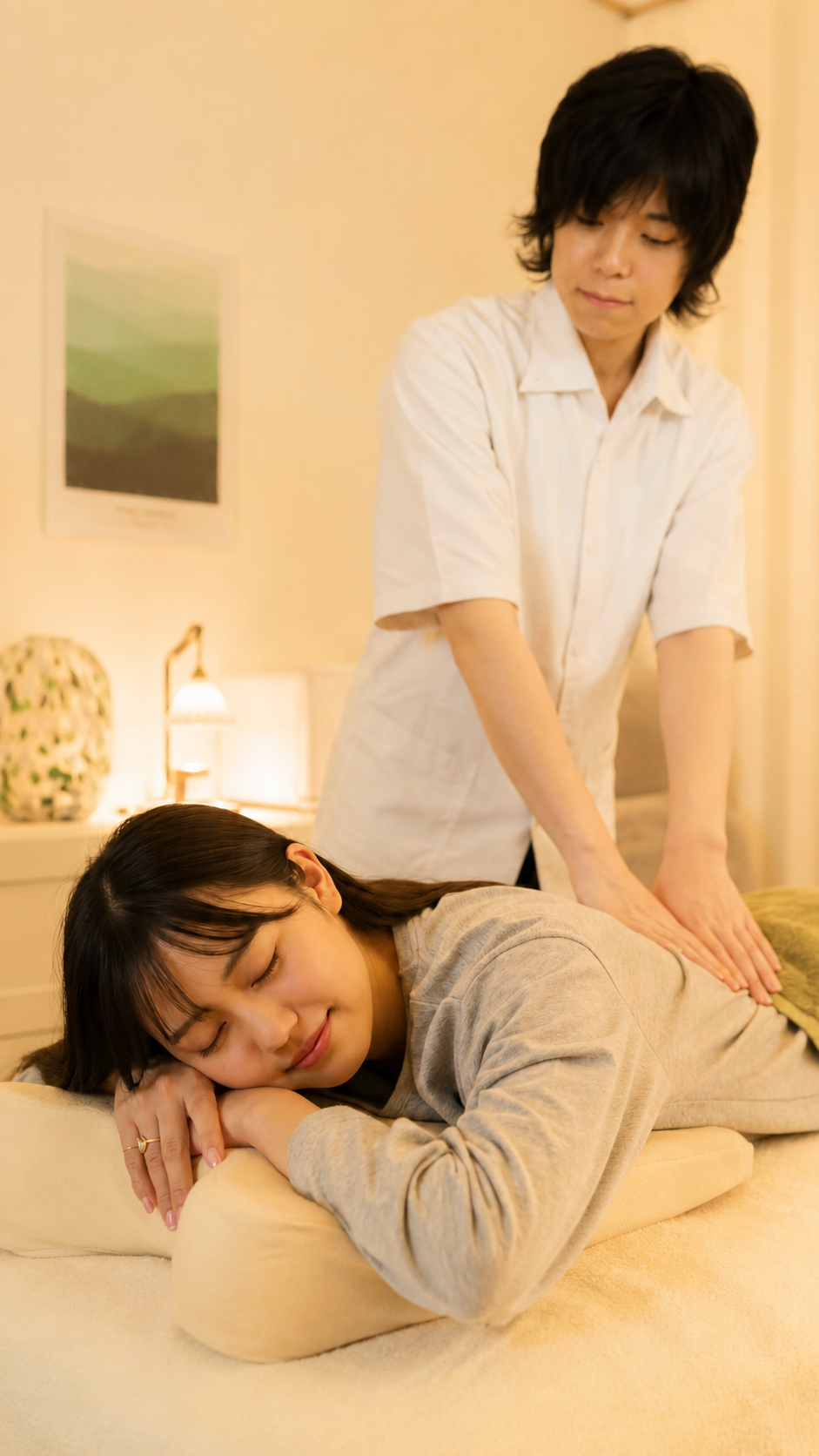 うつ伏せで背中と腰を圧でほぐす、揉まない施術の様子